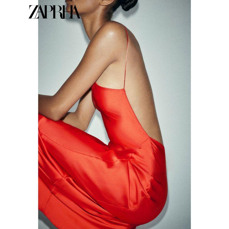 Zaprha 2025 Summer New V-neck Spaghetti Strap Backless Silk Satin Texture Long Sling Dress 3067213
