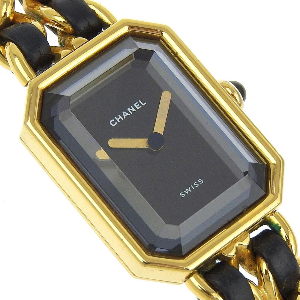 Chanel Premiere M Watches H0001 blackDial Plated Gold/Embossed Leather Quartz Analog Display Women Used