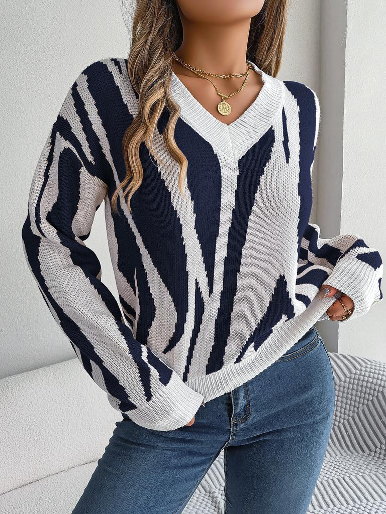 New Women Autumn and Winter V-neck Contrast Color Long Sleeve   Stitching Color Casual Knitted Sweater Long Sleeve Tops Irregular Stripe Pullover