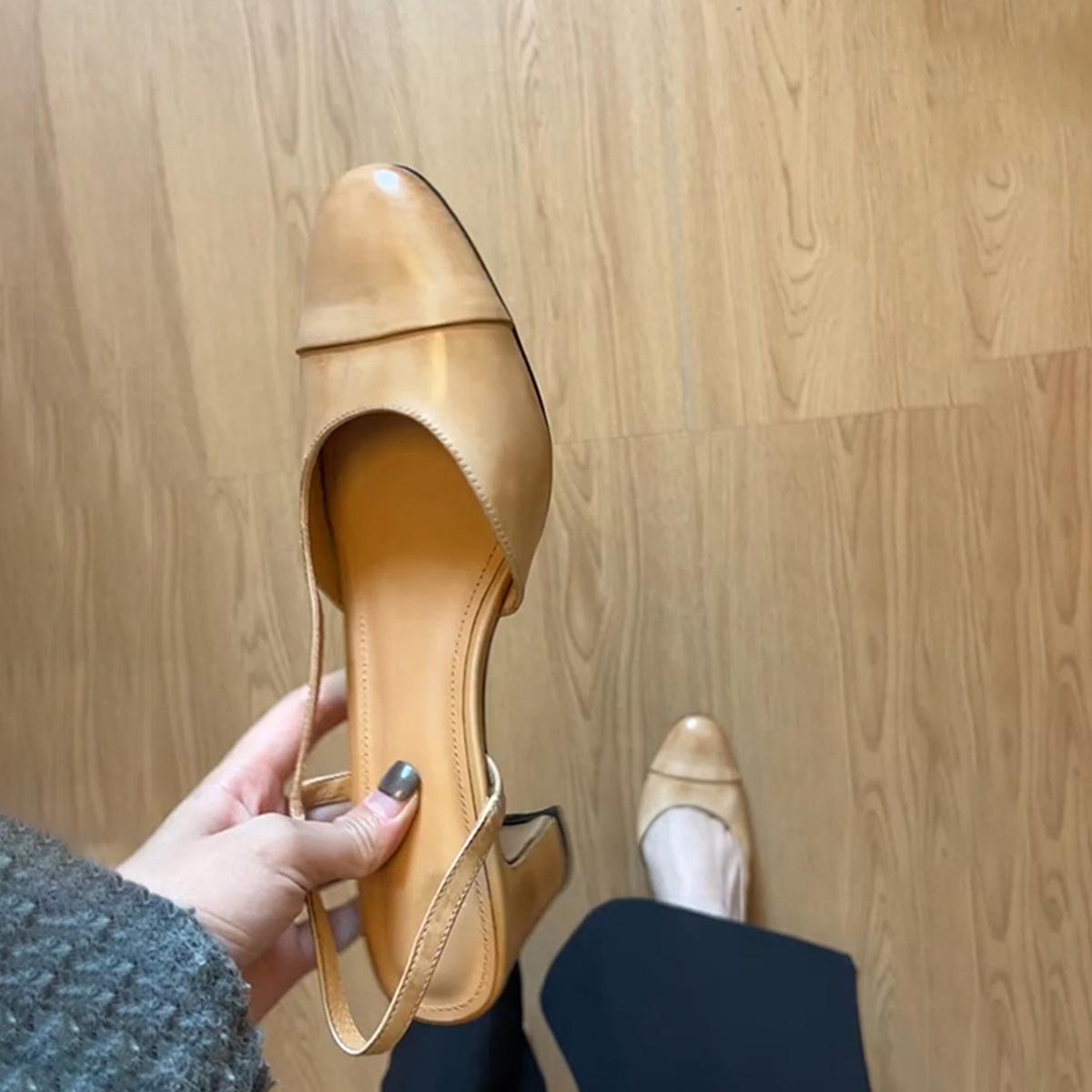 

Sheepskin version~ French retro literary and artistic style one-pedal high-heeled sandals women s round head back strap leather toe shoes 35
