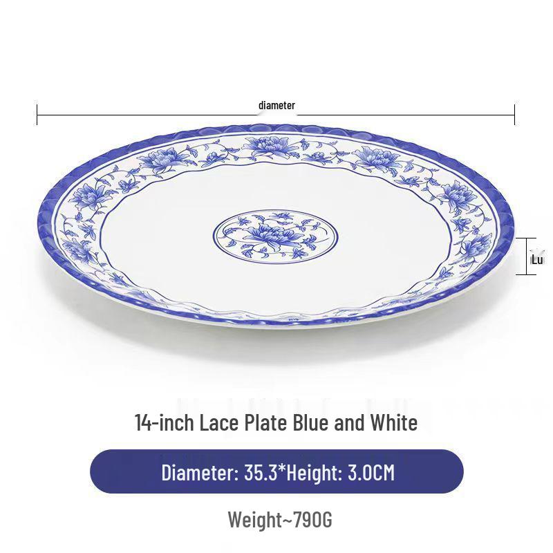 Plato redondo de melamina azul y blanca - Imitación de porcelana gruesa, ideal para salteados, arroz y uso en restaurantes.