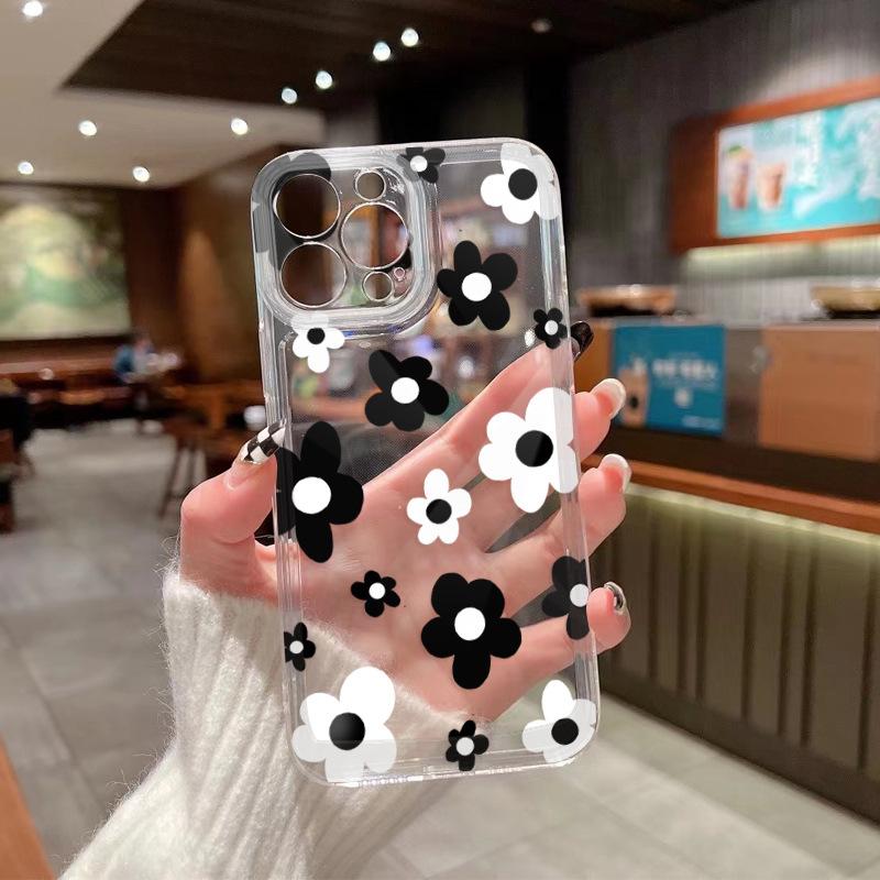 Ozon Popular Ins Wind Black and White Flower Transparent Mobile Phone Case Apple 17Pro Ultra-thin Anti-drop Soft Case iPhone16