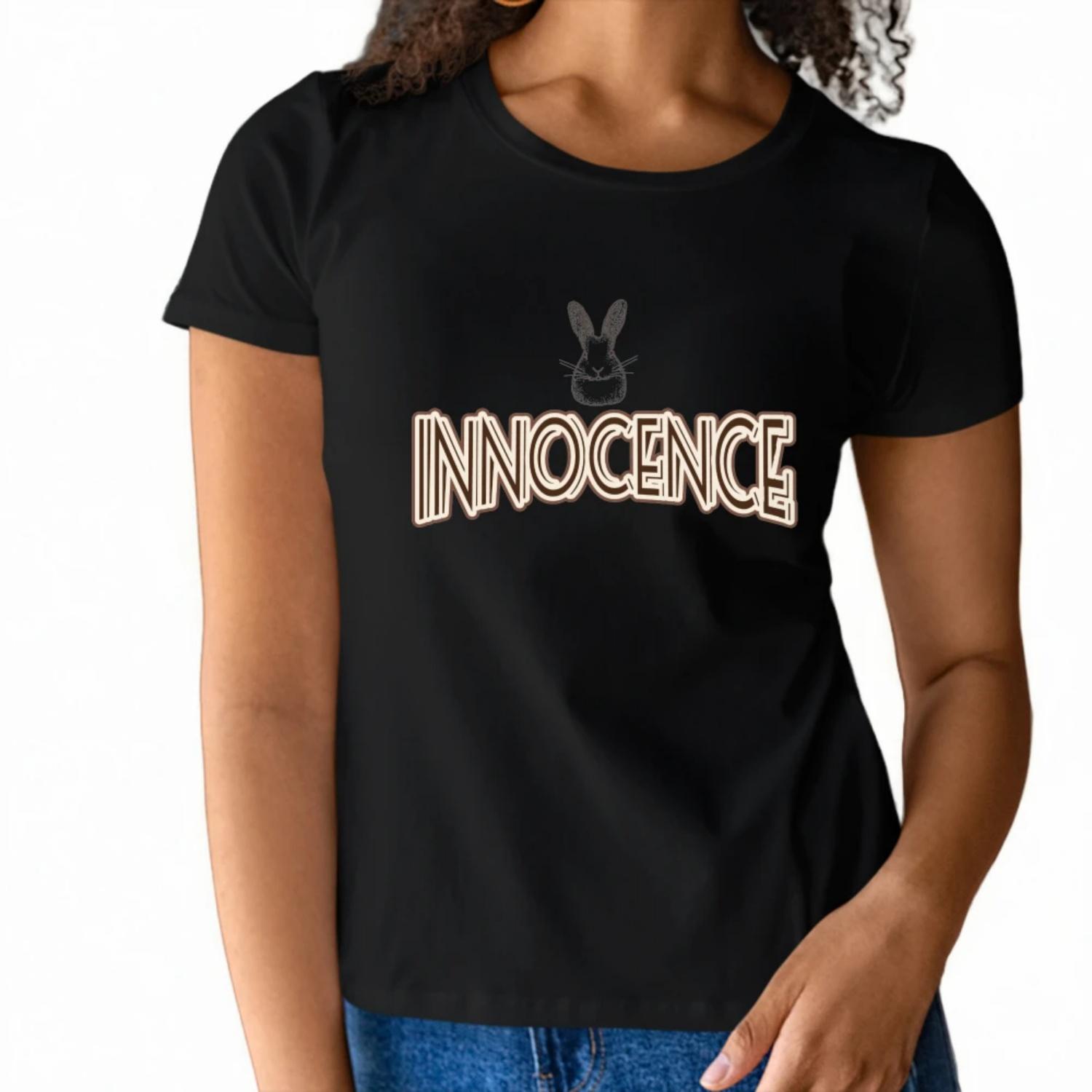 

Elegant Womens Short Sleeve T Shirt Innocence Design with Bunny Silhouette and Stylish Typography Ideal for a Classy Summer Look S