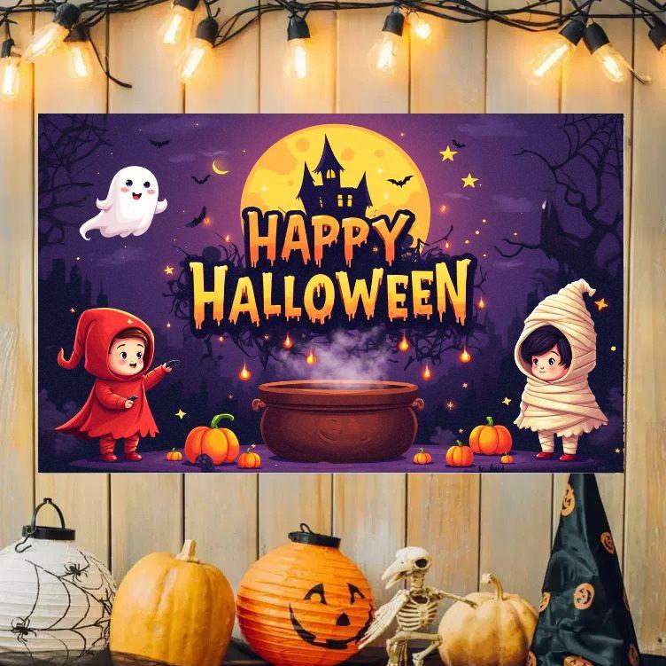 Cute Kids Halloween Tapestry Mummy Devil Witch House Cauldron Pumpkin Holiday Wall Hanging Bedroom Dorm Party Cloth