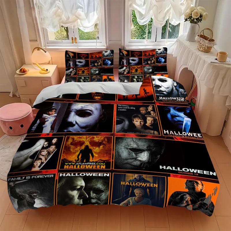 Set Biancheria da Letto con Poster di Film Horror di Halloween Copripiumino Regalo per Camera da Letto, Include 1 Copripiumino e 2 Federe, Senza ImbottituraB563