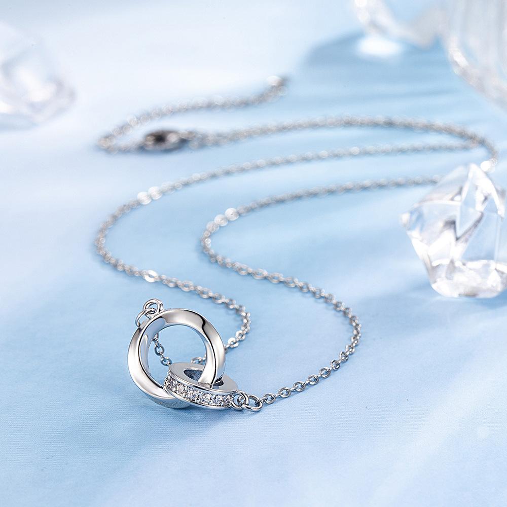 Sterling Silver Necklace with Double Ring and Diamond Pendant Ladies Fashion Simple Birthday Party Anniversary Jewelry Gift