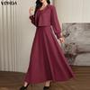 VONDA 2PCS Women Long Sleeve Hooded Tops and Sleeveless Skirts Casual Two Piece Suit Sets
