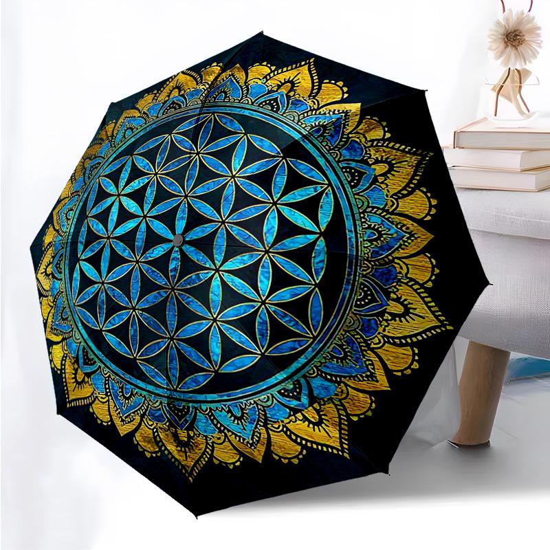 Flower of Life Pattern Folding Umbrella Fashion Auto-Open 8 Iron Ribs Plastic Handle Foldable Sunshade Perfect Christmas Gifts