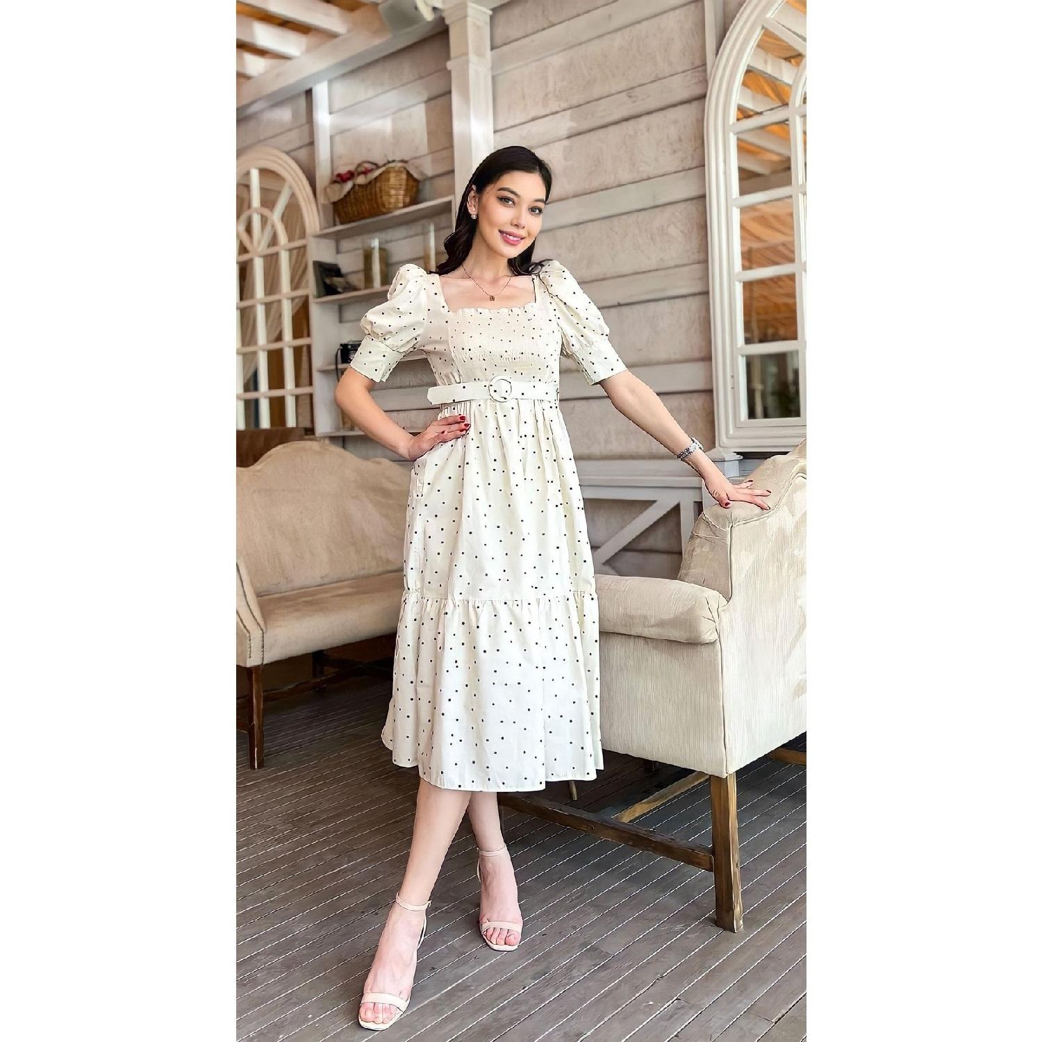 

Платье из поплиновой ткани с поясом и квадратным воротником, длинное платье, платье S