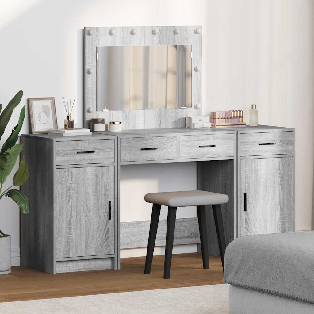 Makeup Table with Mirror Lighting 3 pcs Grey Particleboard