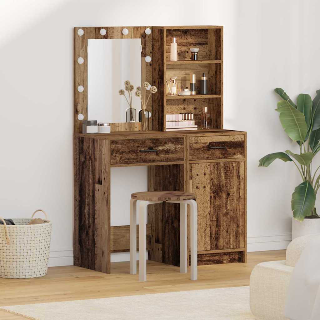 Makeup Table Set with LED Mirror and Shelf 2 pcs Reclaimed Wood Particleboard