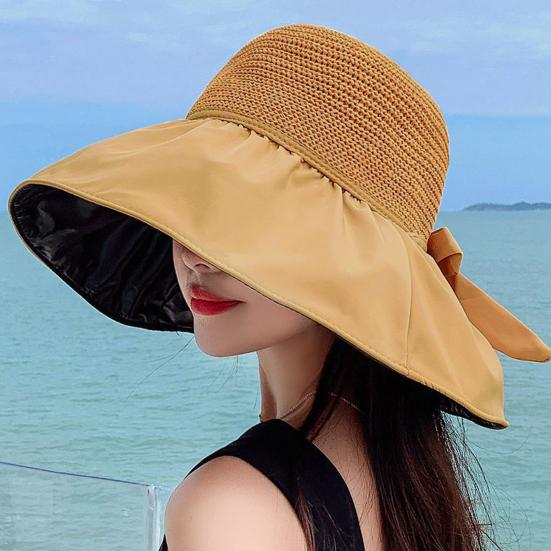 Sun Hat Large Brim Foldable Hollow Breathable Floppy UV Protection Bow Tie Decor Women Sunscreen Summer Hat Beach Cap for Outdoor