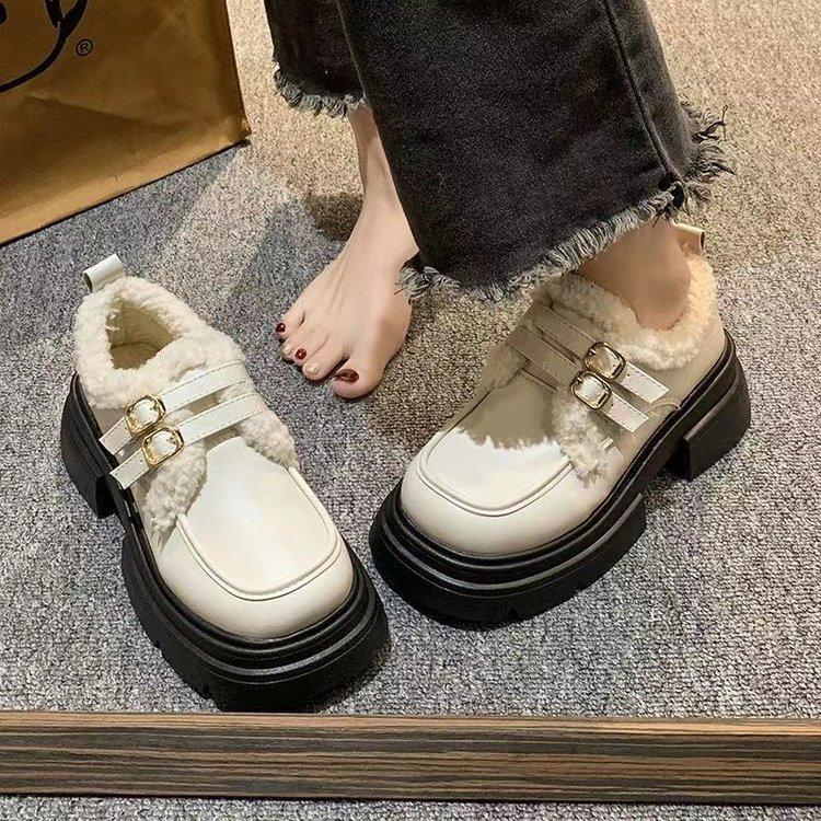 British style small leather shoes women's winter velvet platform explosion Mao Mao Doudou shoes 2025 new warm cotton shoes single shoes