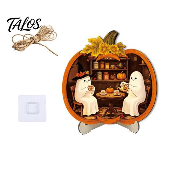 Festive Decor Halloween Door Sign, Glowing Ghost Hanging Decor, Wooden LED Window Theme Ornament for Party, Spooky Wall Pendant Home Decorative Props