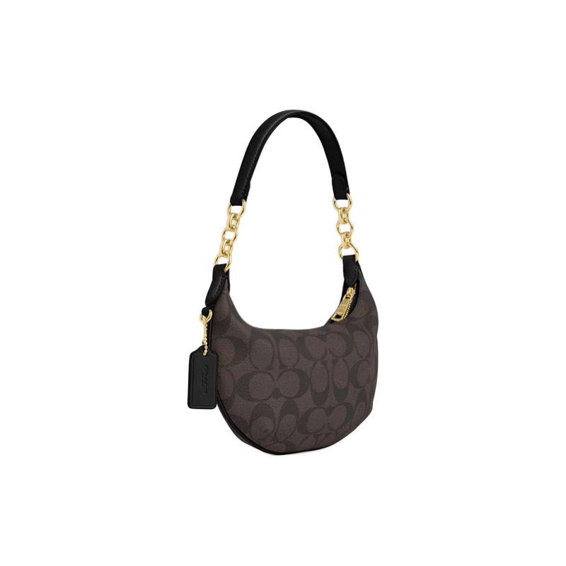 Coach Schultertasche Payton 21 klassisch presbyop Reißverschluss beschichtet Halbmond Achselhöhle Canvas und Leder Handtasche kleine Größe Damen Gold und Braun