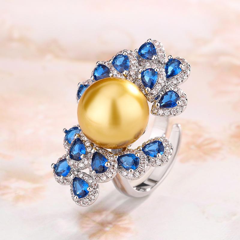 Γυναικείο μαργαριταρένιο δαχτυλίδι με χάλκινη επίστρωση πλατίνα μπλε Jianchang μαργαριταρένιο δαχτυλίδι Γκρι χάντρα Κίτρινη χάντρα Μπλε σπινέλ Γυναικείο μαργαριτάρι δαχτυλίδι
