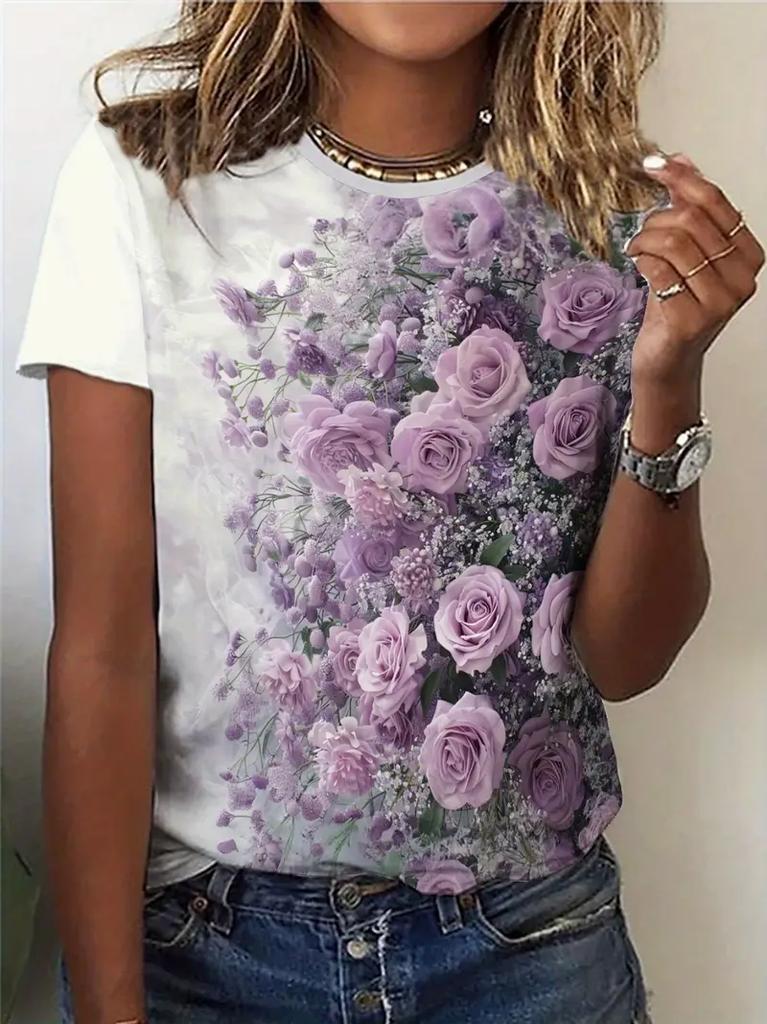 Women's T-Shirt Purple Flowers Print Summer Casual Round Neck Short Sleeve Top Outdoor Fashion Female Oversized T-shirts