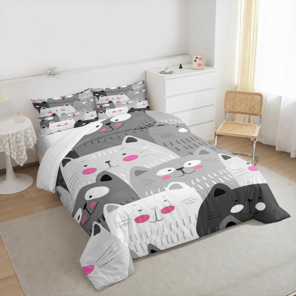 Cute Gray Cat Faces Monochrome Bedding set (1 duvet cover, 2 pillowcases, duvet not included), Pink Cheeks Cartoon Kitten Pattern Art Print