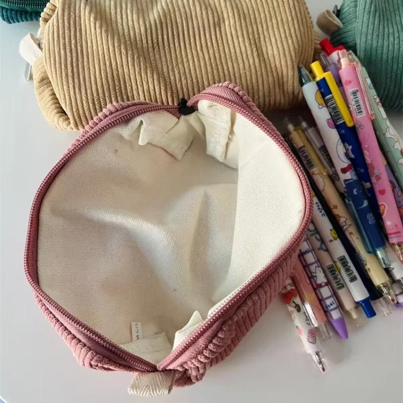 Protective Storage Bag Corduroy Pencil Case INS Style Large Capacity Bag Zipper Office School Supplies,has Random Logo Print
