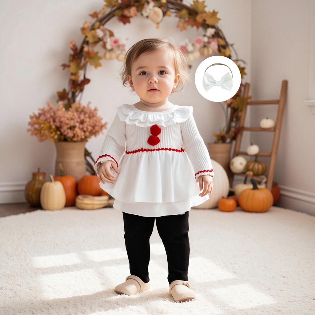 Baby Meisjes Romper met Lange Mouwen Patchwork Bontbal Poppenkraag Jumpsuits en Schattige Hoofdband Set voor Peuters