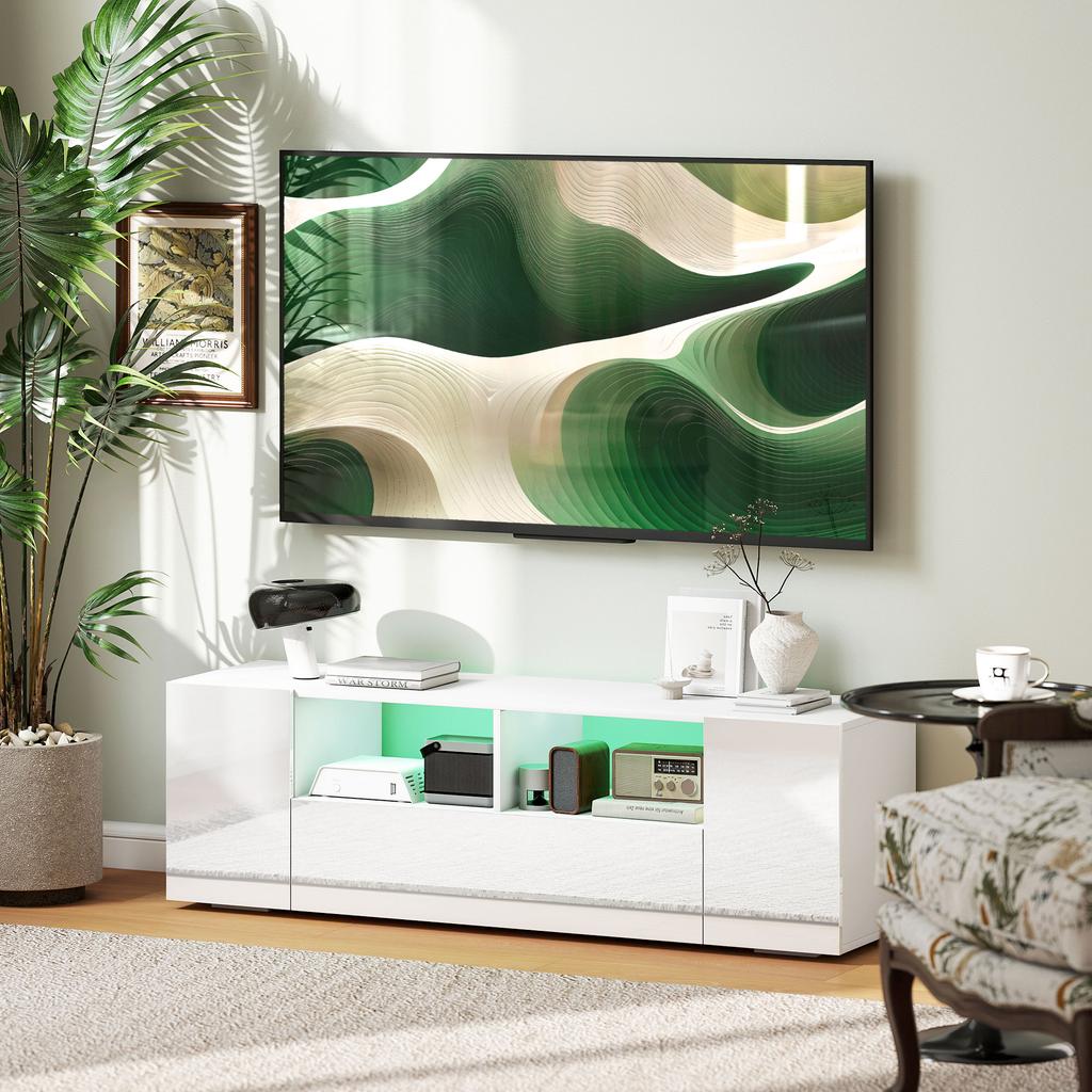 16 LED Light TV Stand, with Storage - High Gloss White