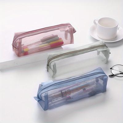 Translucent Simple Mesh Pen Pouch Student Exam Stationery Bag Large Capacity Portable Pen Storage Bag Study Supplies