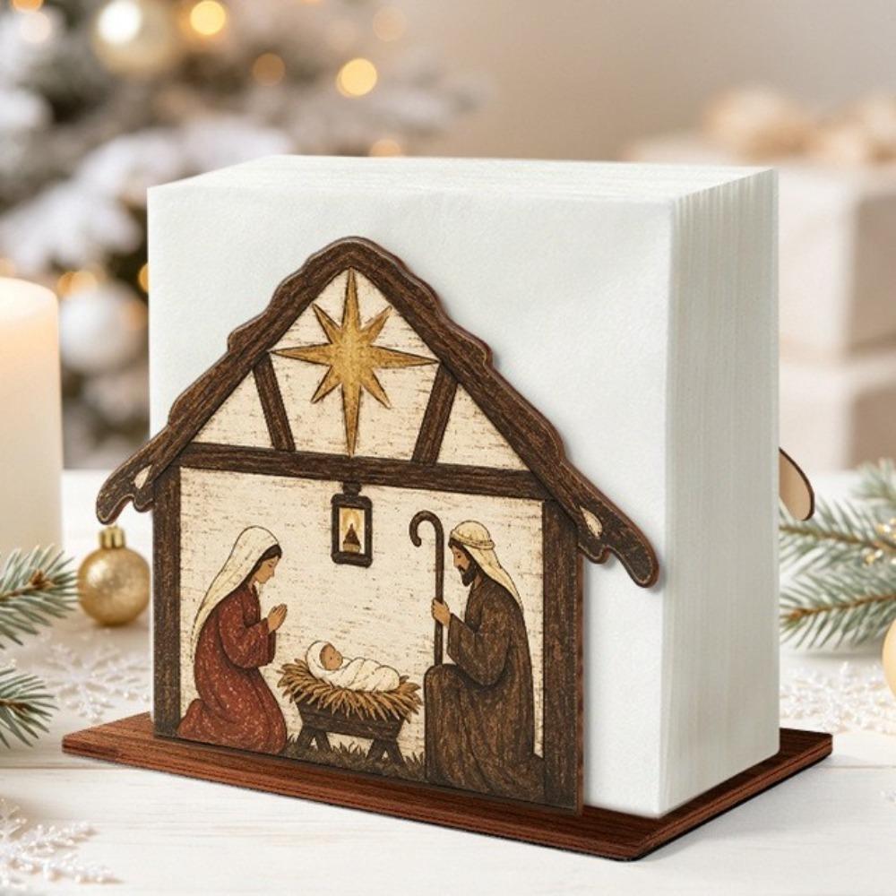 Wooden Christmas Napkin Holder Christmas Nativity Scene Pattern Tissue Organizer Bar
