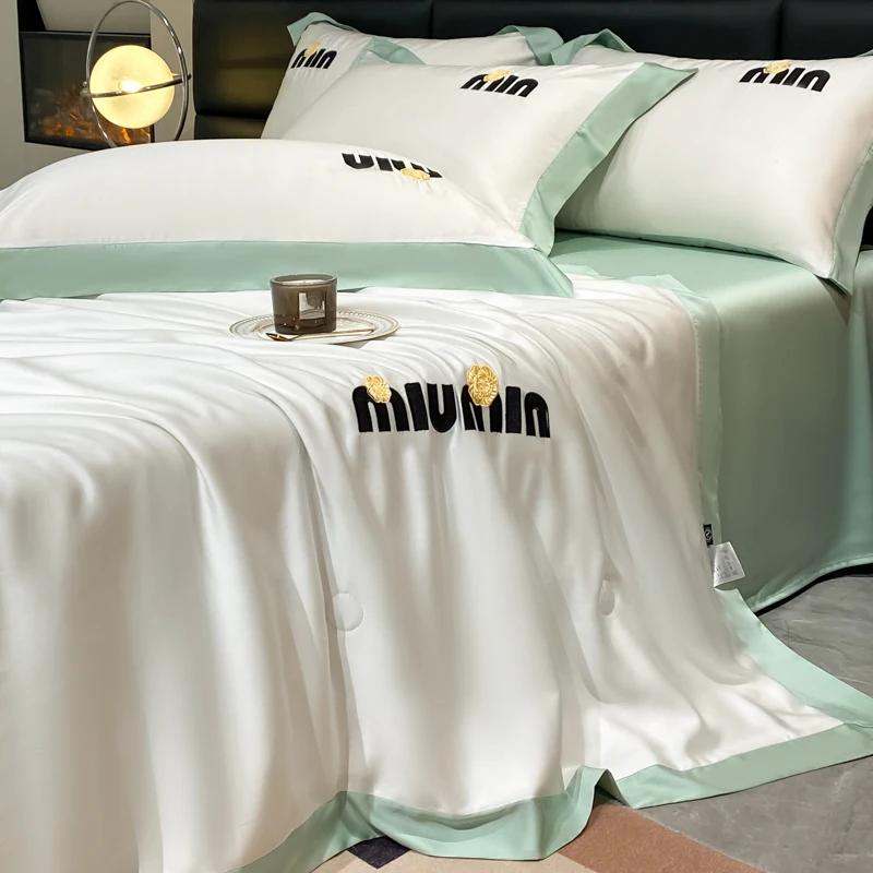 Soft Cool Summer Blanket Washed Silk Summer Quilt Embroidery Smooth Ice Cooling Comforter For Bed 100% Silky Solid Blanket