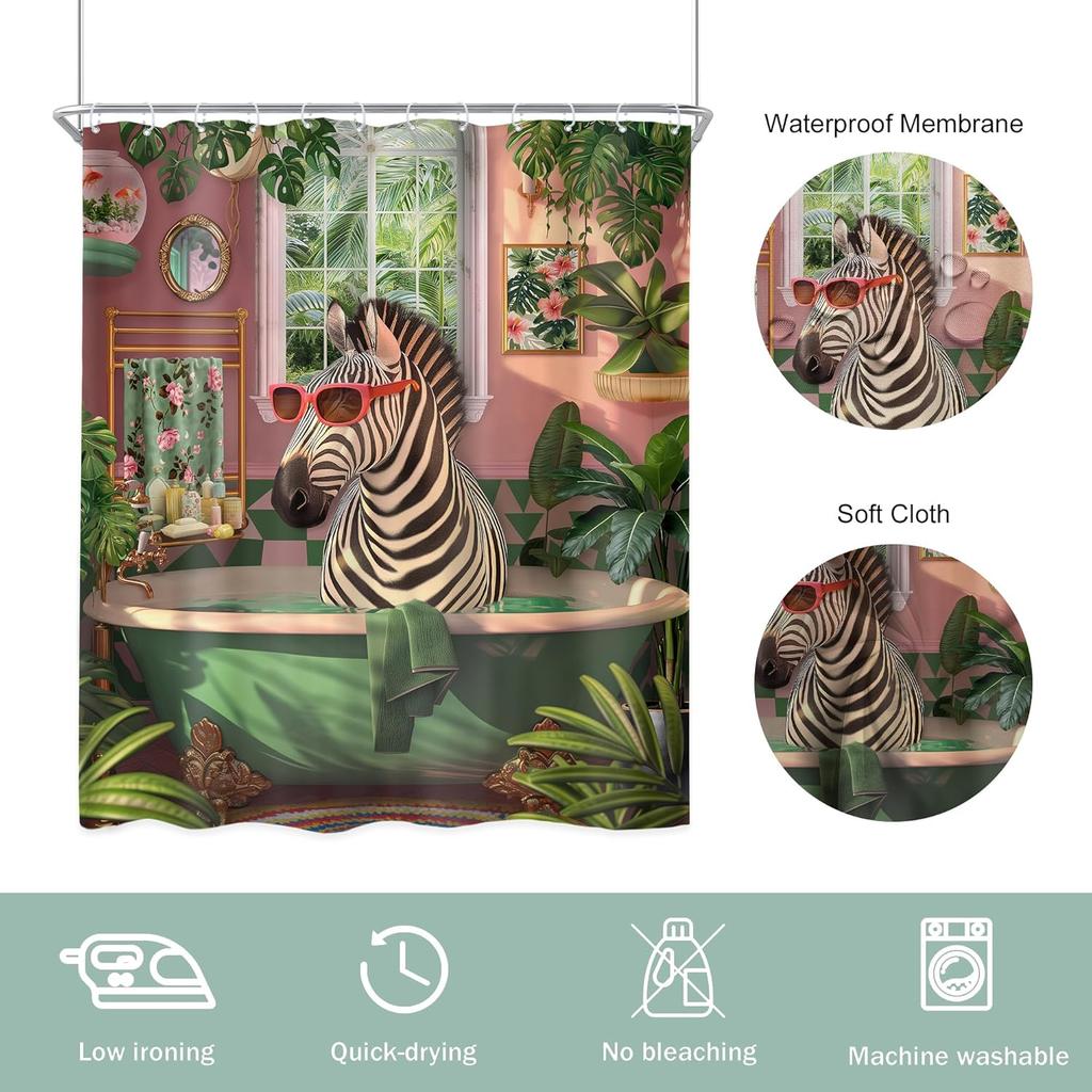 Funny Zebra Shower Curtain 60Wx72L Inch Fun Wild Animal in Bathtub Hilarious Cool Modern Tropical Green Leaves Plant Summer Bath