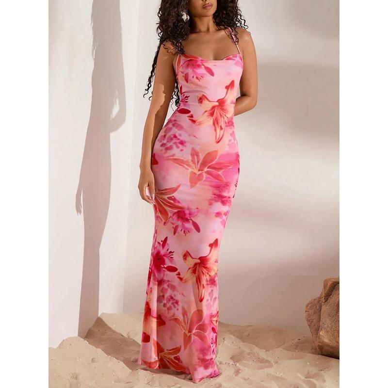 Printed Women's Clothing Backless Skinny Hip Wrap Suspender Swing Neck Dress Sexy Spice Fashion