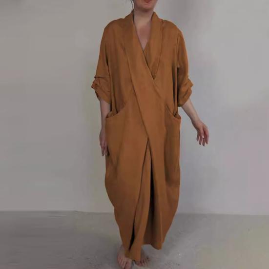Spring Fall Maxi Dress Robe Baggy Cross V Neck Solid Color Large Pocket Retro A-line Bohemian