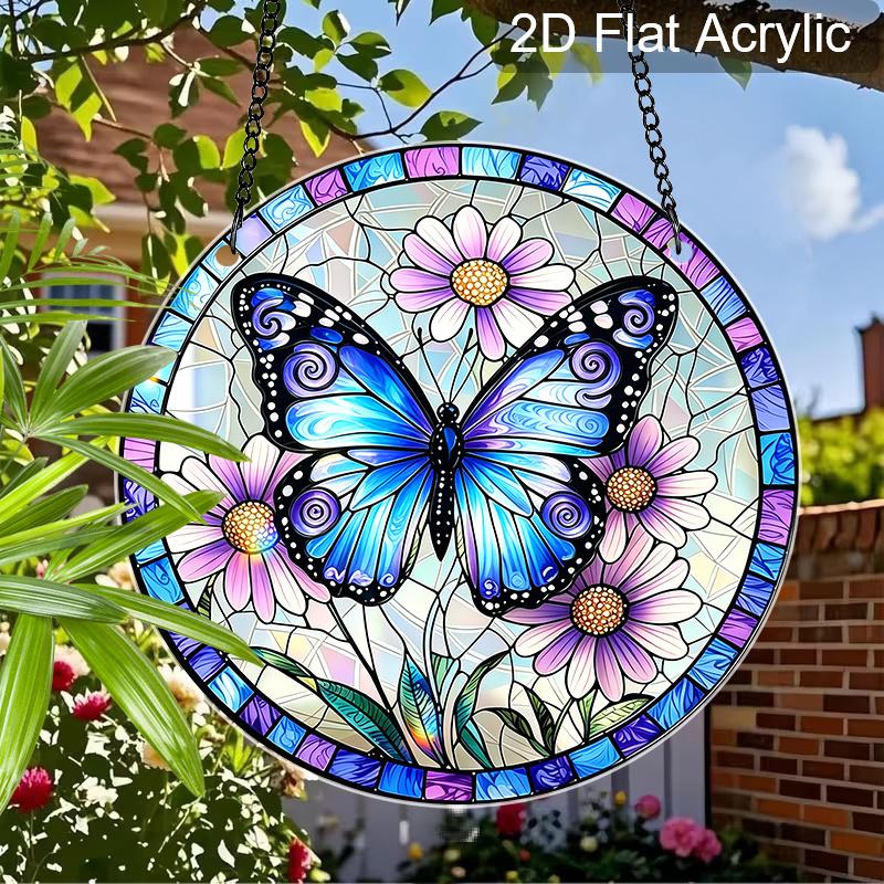 2D Flat Acrylic Butterfly Flower Suncatcher Decorative Hanging Ornament, 7.87/11.81inches Stained Spring Summer Home Balcony Window Wall Garden Tree