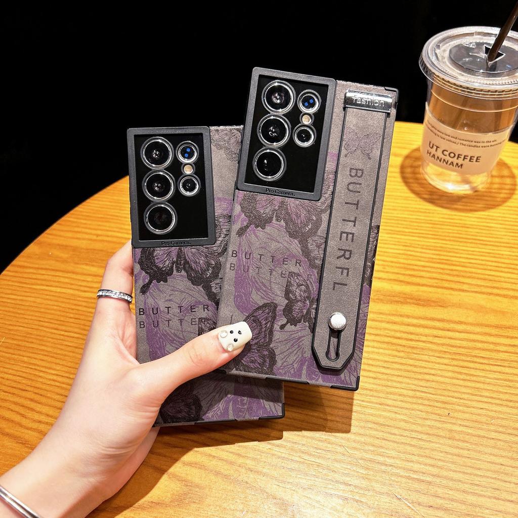 Samsung S24ULTRA Mobile Phone Case S23ULTRA Retro Imprinted Butterfly S22ULTRA Wristband Protection Case