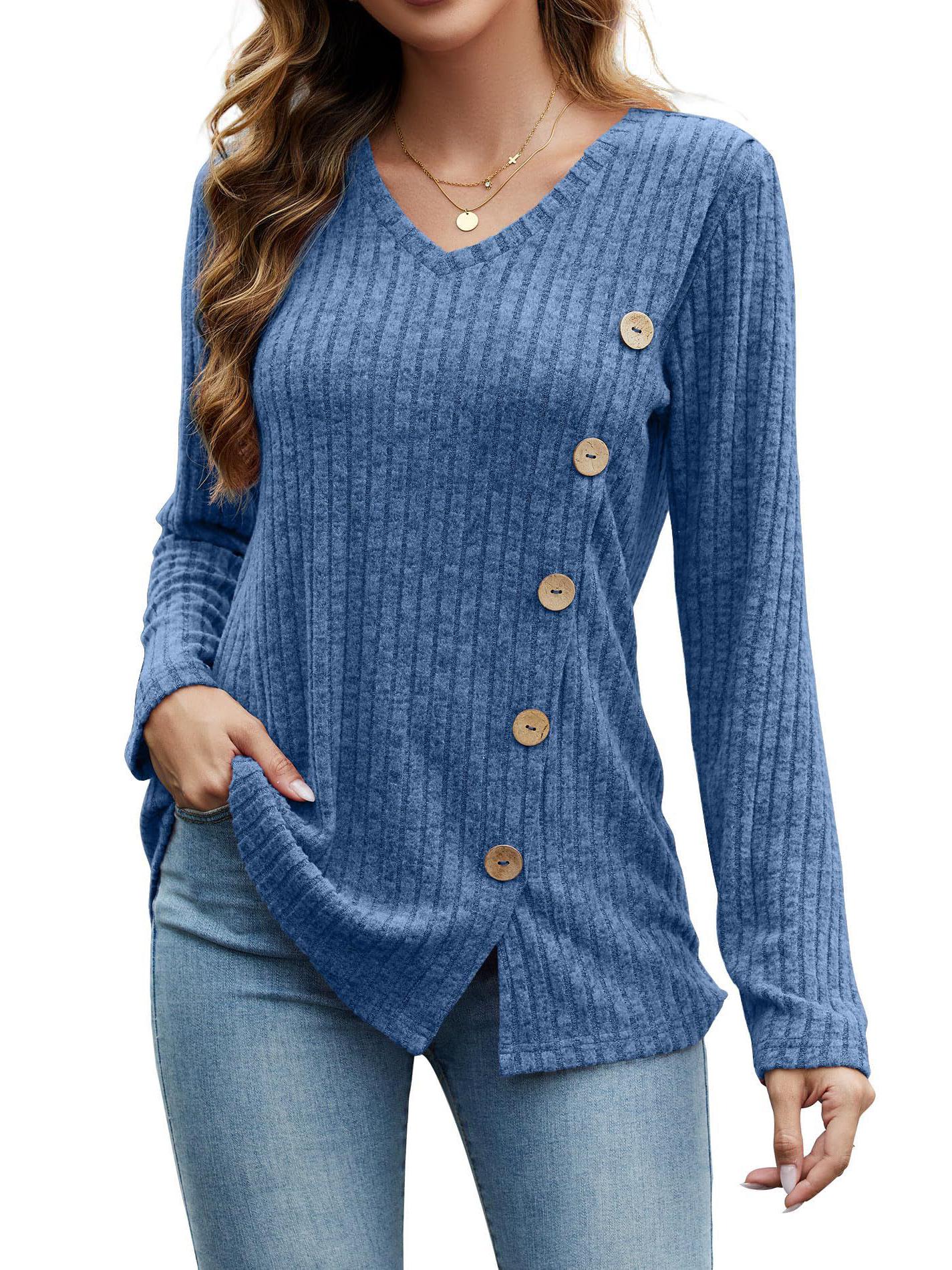 

2023 Женская футболка свободного кроя с длинным рукавом и V-образным вырезом на пуговицах и разрезом