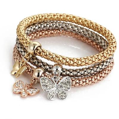 Conjunto de Três Peças/conjunto Conjunto Tricolor Pulseira Pingente Borboleta Diamante Mulheres Requintada Pulseira de Ouro Joias