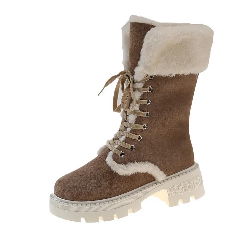 

Модная обувь для женщин Ботинки женские на шнуровке Зимние с круглым носком Плюшевый флис для тепла Модные ботинки средней высоты 36