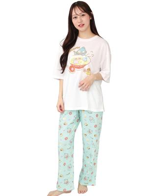 SAZAC Hangyodon Cotton Pajama Short Long and Cut and Sewn Top X Women's Set, Sleeves, Pants, T-Shirt, (White Mint/L/SAN1808)