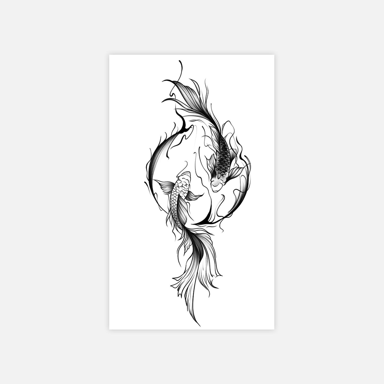 High-End Herbal Juice Semi-Permanent New Chinese Style Ink Twin Koi Tattoo Stickers 7*10