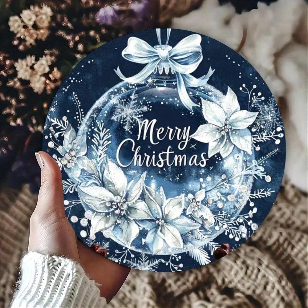 Vintage Blue Christmas Tin Sign, Merry Christmas Metal Wall Art, Rustic Holiday Plaque For Home Indoor Wall Decor