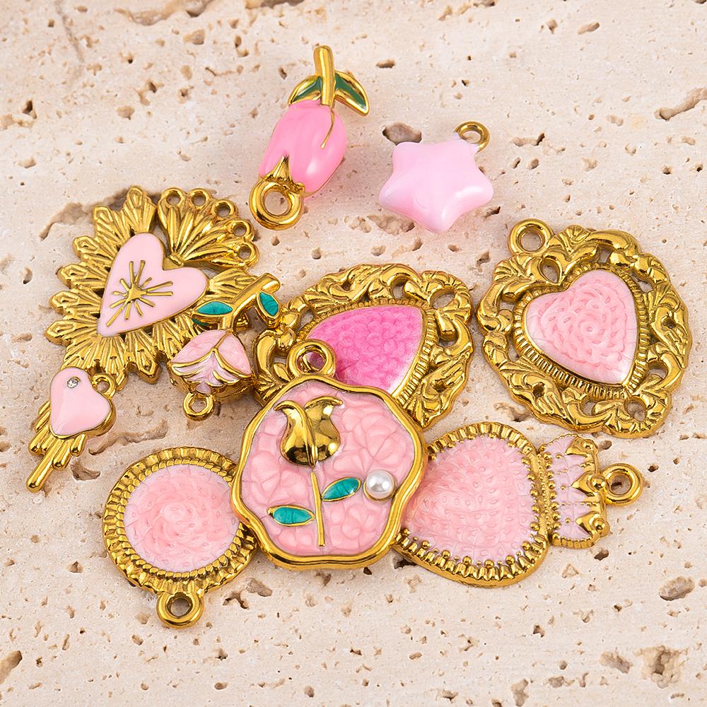 2pcs Stainless Steel Charms Retro Pink Enamel Rose Flower Heart Necklace Charm for DIY Earring Jewelry Making Pendant Supplies