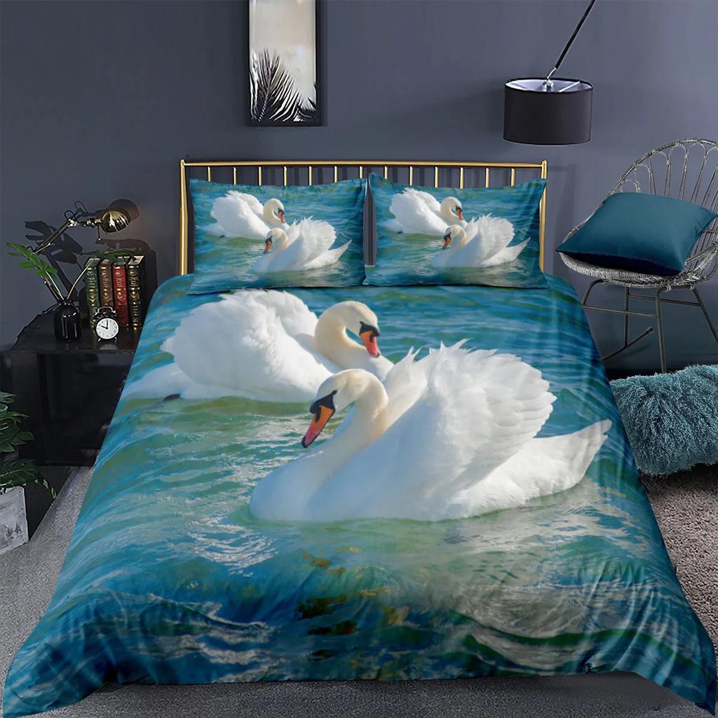 Swan Duvet Cover Set White Swan Lake Comforter Cover Twin Ocean White Swan Polyester Bedding Set For Couple Valentine's Day Gift