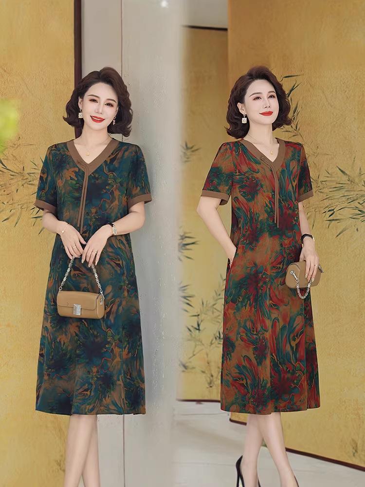 Elegant Short Sleeve Plus Size Summer Dress for Middle-Aged and Elderly Women