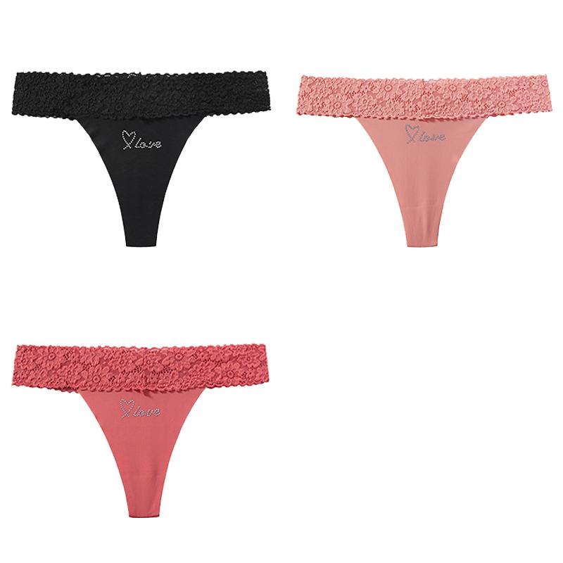 CINOON 3 Stück/Los Damen Sexy Niedrig geschnittener Tanga Spitze am Bund Nahtloser Slip Einfarbiger Leichter Atmungsaktiver Tanga