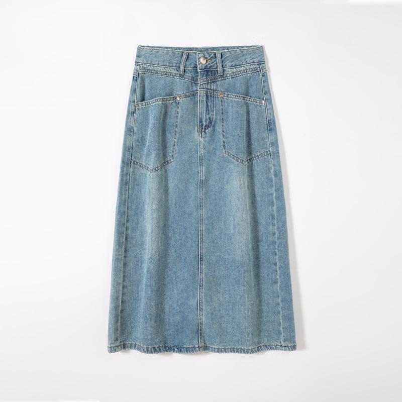 Light Blue High-Waist Slit A-line Denim Skirt for Women - 2025 Casual Mid-Length Slimming Design