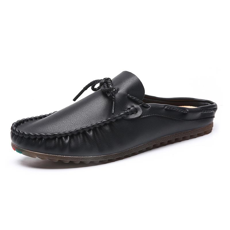 2025 Summer Half Shoes For Men Mules Man Slides Bowknot Slip On Flats Men Driving Shoes Leather Semi-Drag Loafers Slippers