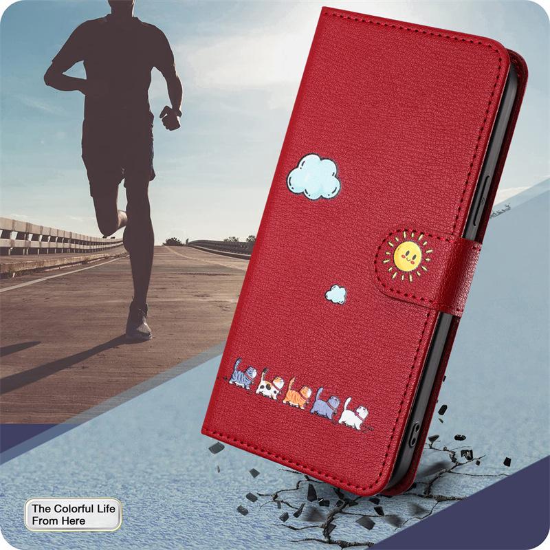 Samsung S24 Plus/iPhone 15 Cartoon Cat Love Heart Leather Flip Case with Card Holder