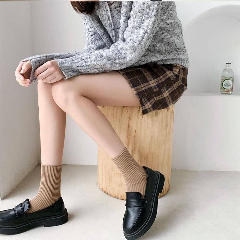 6 Pairs Autumn and Winter Pure Color Women Loose Socks Rib Cotton Fashion Basic Daily Classic Female Sock