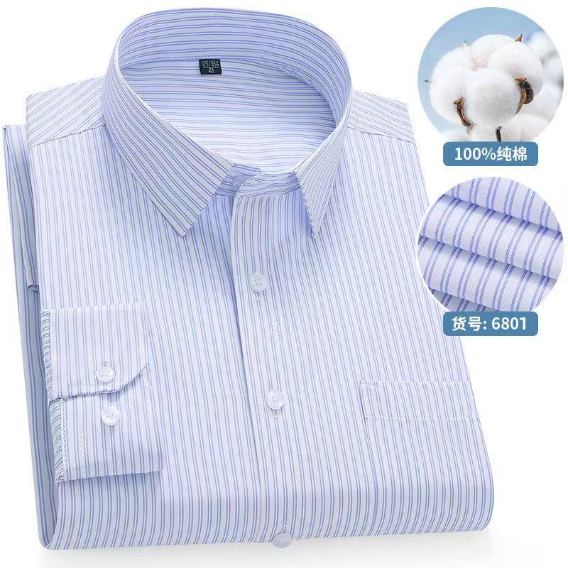 8XL Solid Color Classic Striped Shirts Men Long Sleeve Formal Office Business White Blue 100 Cotton Long Sleeve Shirt for Men