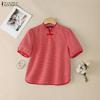 ZANZEA Women Casual Stand Collar Short Sleeve Grid Print Blouse