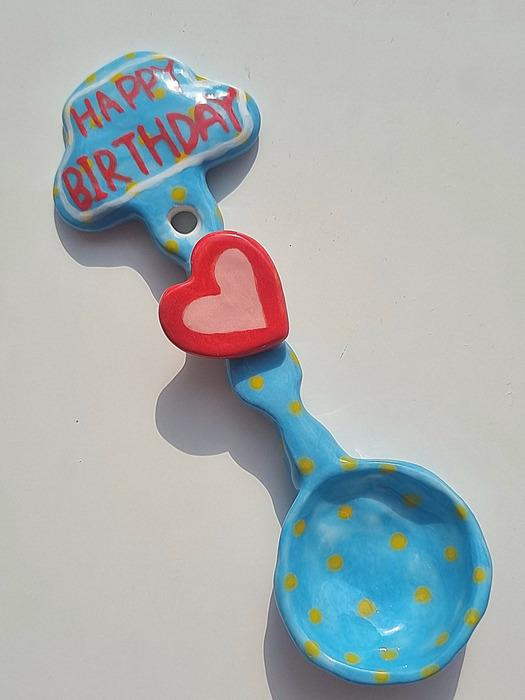 Deulkkot Ceramic Birthday Blue Dot Spoon Happy Birthday Blue Dot Spoon